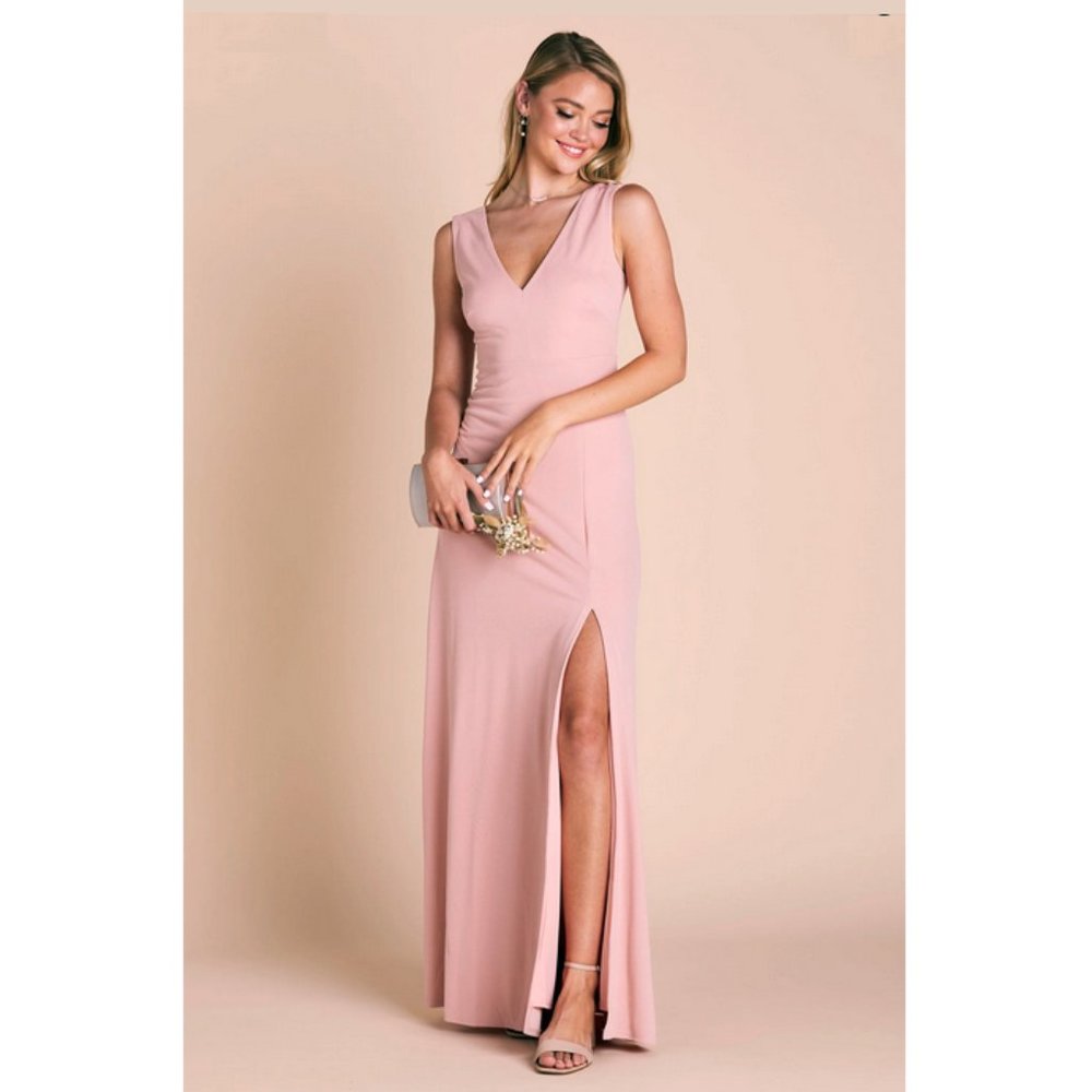 Birdy Grey Shamin V-Neck Crepe Sleeveless Maxi Dress with Slit in Dusty Rose